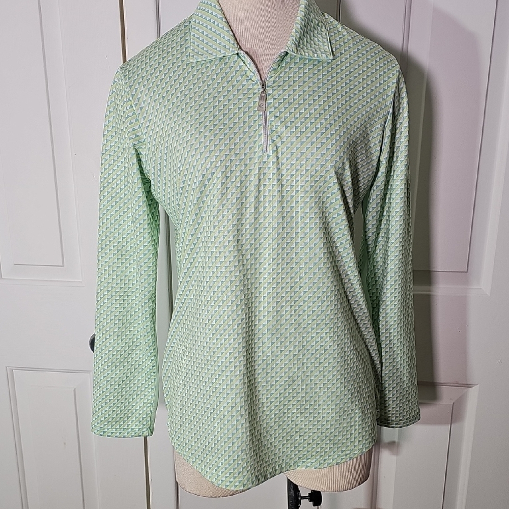 Bette & Court Green White Long Sleeve Polo Shirt. Golf, Tennis, Pickel Ball. Med